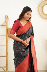 Lovely Black Color Coper Jari Work Silk Saree