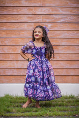 Ruffle Style Purple Color Flower Print Mother-daughter Dress