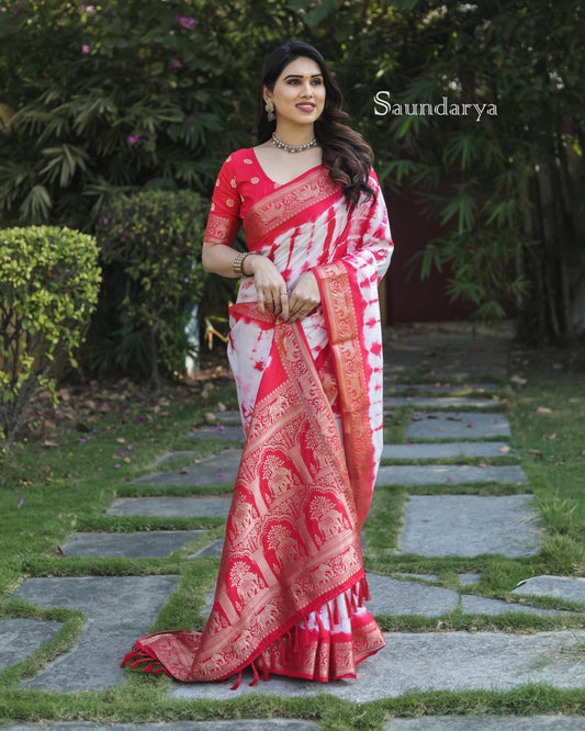 Presenting  Red Color Zari Weaving Saree