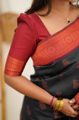 Lovely Black Color Coper Jari Work Silk Saree