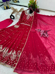 Wedding Wear Georgette Embroidery Sequence Red Color Gown