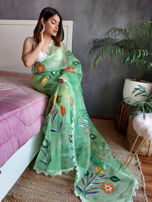 Handprint Flower Print Organza Green Color Saree