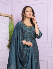 Fashionable Print Teal Blue Color Salwar Suit