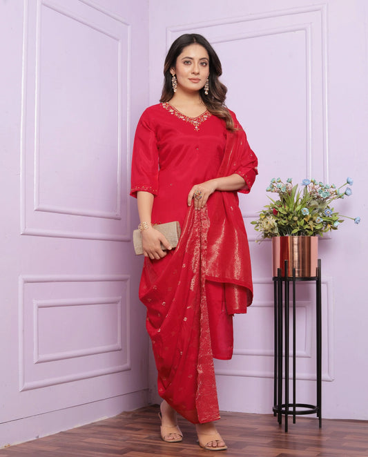 Preferable Viscose Muslin Red Color Salwar Suit