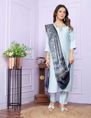 Beautiful Sky Color Soft Silk Straight Kurti Set With Silk Dupatta