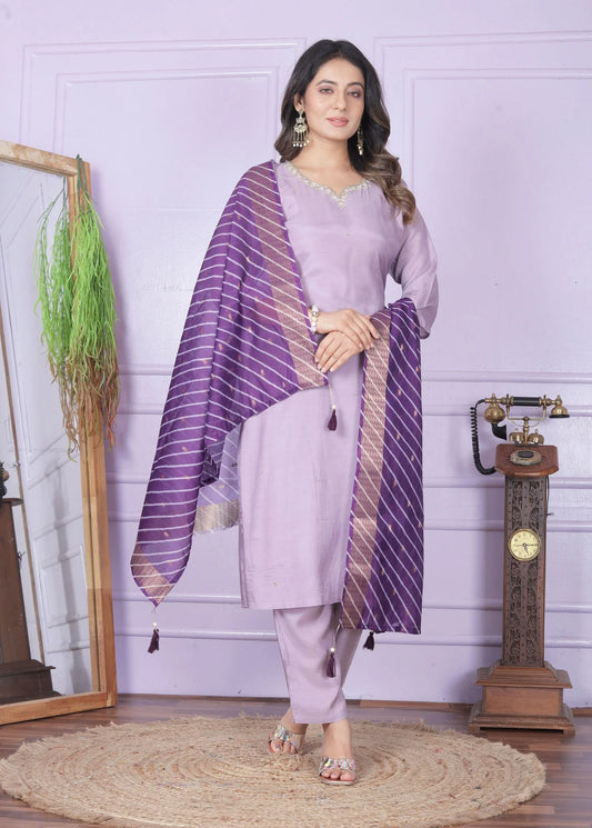 Attractive Purple Salwar Suit With Leheriya Dupatta