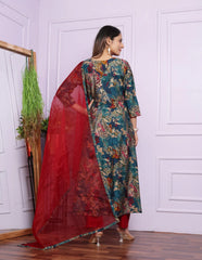 Lovely Rama Multi Print With Red V Neck Round Kurti Set