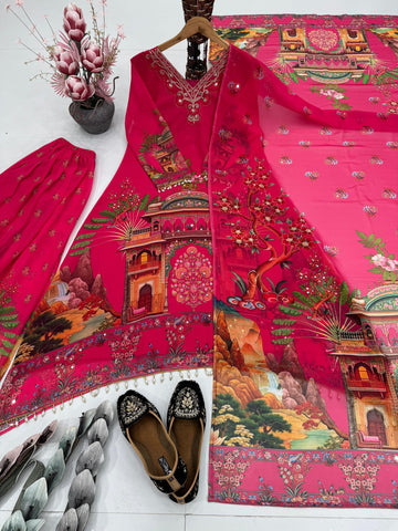 Digital Print Pink Color Mirror Work Palazzo Suit