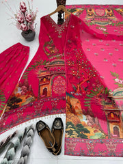 Digital Print Pink Color Mirror Work Palazzo Suit