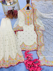 Stunning Real Mirror Hand Work White Color Sharara Suit