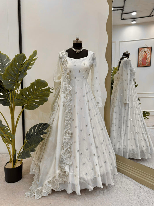 Function Wear Sequence Work White Color Anarkali Gown