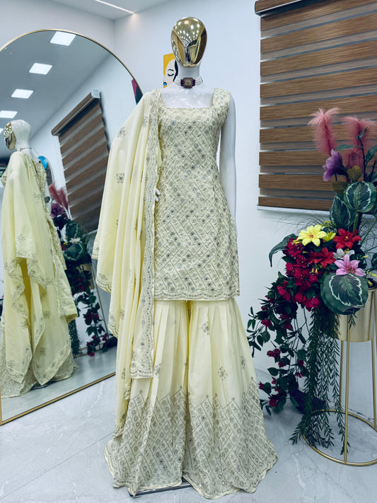 Admiring White Natural Crap Embroidery Sequence Sharara Suit