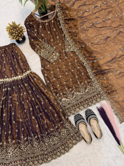 Exclusive Brown Heavy Fandy Silk Embroidery Sharara Suit