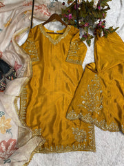 Stunning Chinon Embroidery Work Mustard Color Sharara Suit