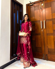 Red Color Sequence Work Palazzo Suit