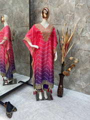 Beautiful Chinon Embroidered Work Pink Multi Color Kaftani Dress