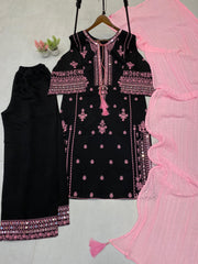 Stylish Black Color Roman Silk Embroidery Work Palazzo Suit