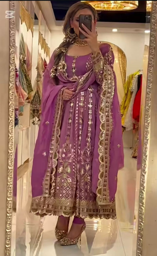 Lovely Onion Color Embroidery Work Anarkali Suit