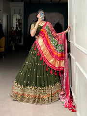 Good Looking Georgette Embroidery Work Mehndi Color Lehenga Choli
