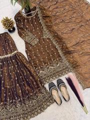 Exclusive Brown Heavy Fandy Silk Embroidery Sharara Suit