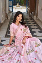 Pink Color Lovely Embroidered Work Saree