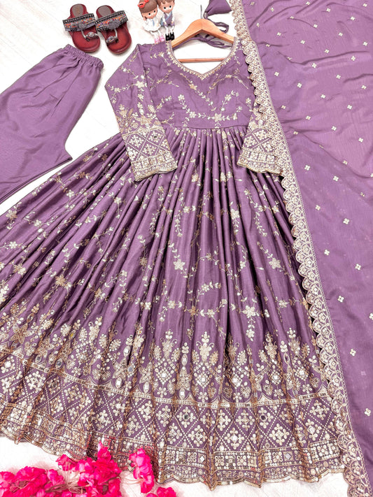 Demanding Sequence Work Lavender Color Anarkali Gown