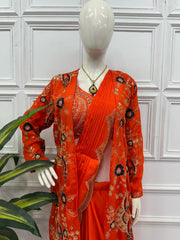 Designer Embroidery Work Orange Color Ready To Wear Saree With Koti