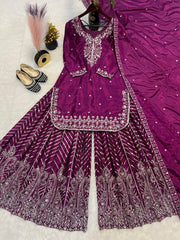 Good Looking Chinnon Silk Wine Color Sharara Suit