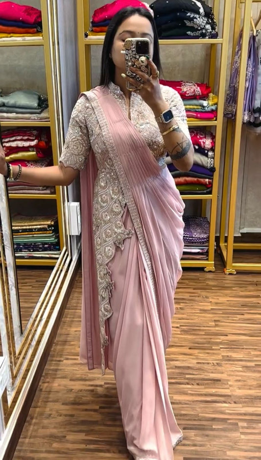 Glossy Embroidery Work Peach Color Ready To Wear Saree