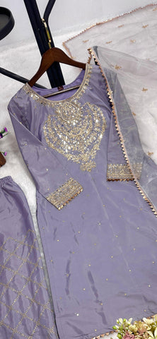 Traditional Wear Embroidery Work Lavender Color Palazzo Suit