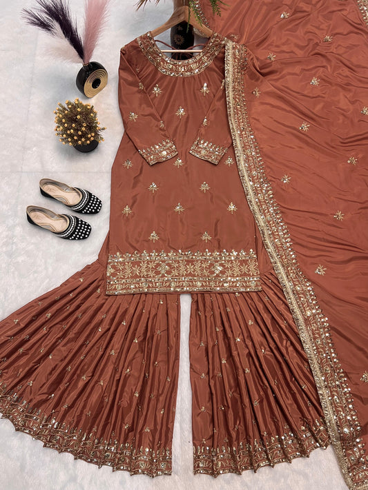 Heavy Work Brown Color Unique Sharara Suit