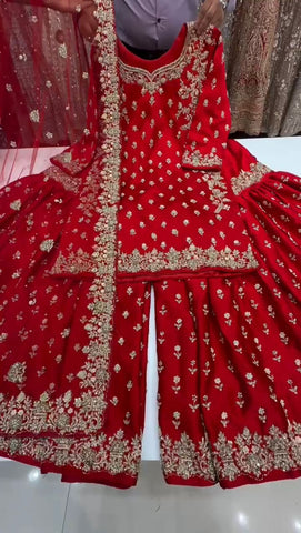 Designer Red Chinon Silk Sequence Work Sharara Suit