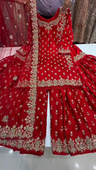 Designer Red Chinon Silk Sequence Work Sharara Suit