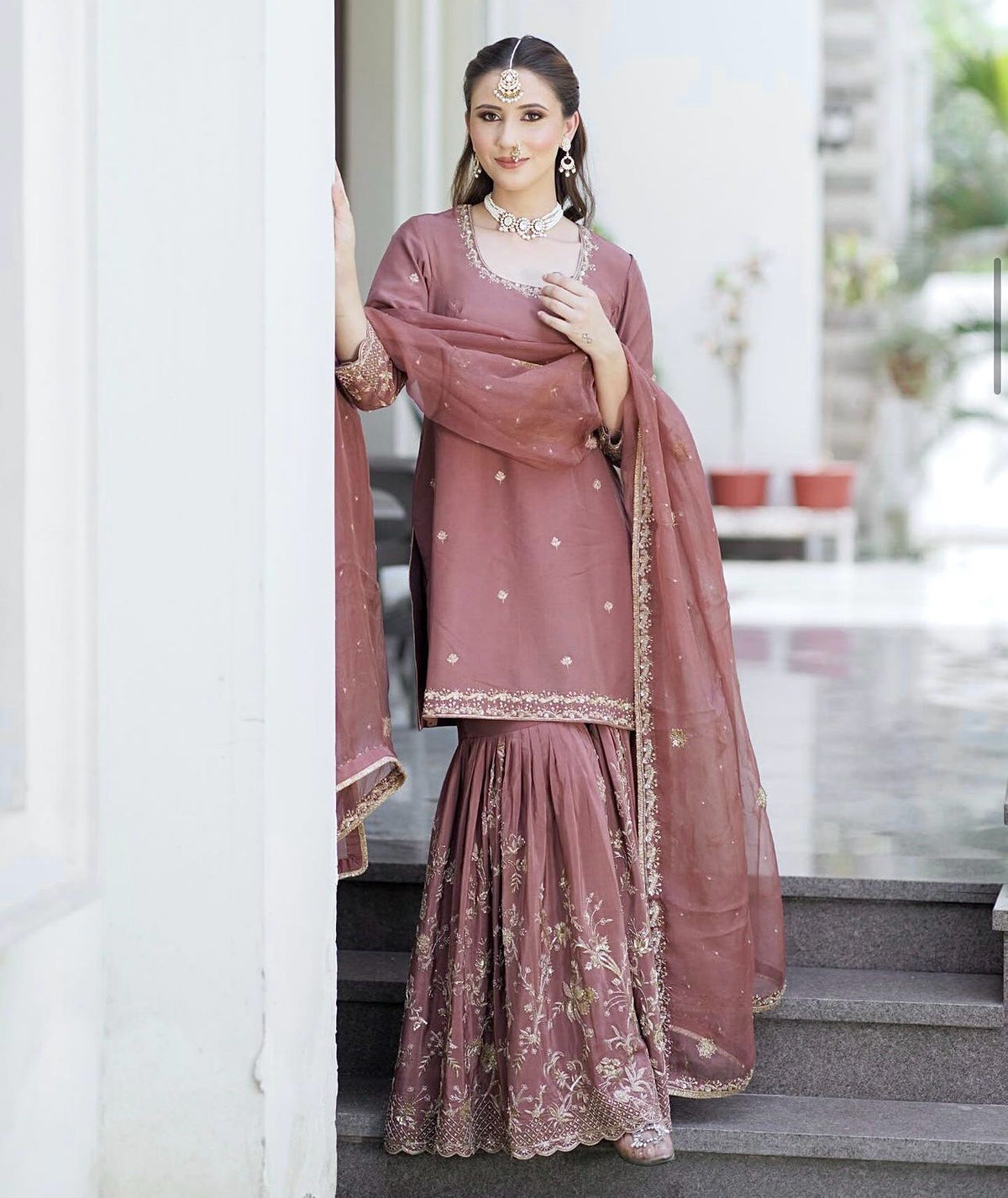Fantastic Embroidery Work Pink Color Sharara Suit