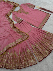Fantastic Sequins Work Pink Color Top Sharara With Dupatta