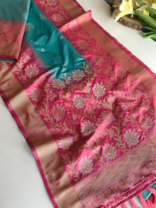 Pretty Tone Silk Teal Blue & Pink Color saree