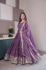 Alluring Purple Heavy Diamond Silk Embroidery Work Gown