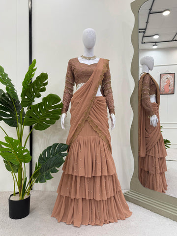 Party Wear Chiku Color Heavy Lehenga Saree