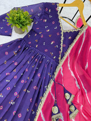 Lovely Blue Georgette Embroidery Work Gown