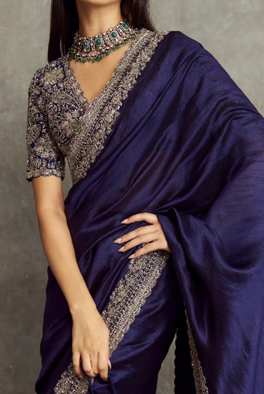 Innovative Purple Color Embroidery Work Silk Saree