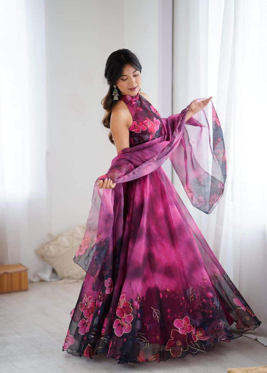 Glorious Pink Color Digital Printed Organza Lehenga
