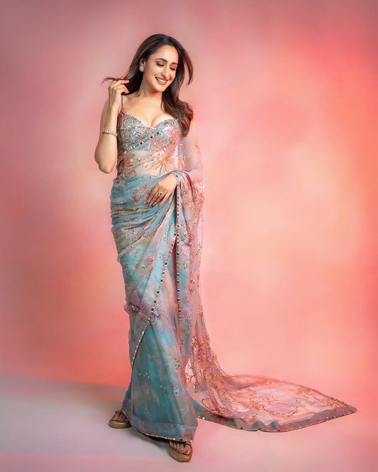 Mirror Work Sky Blue Color Printed Party Wear Saree