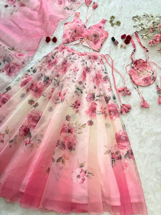 Glorious Pink Organza Digital Printed Lehenga Choli