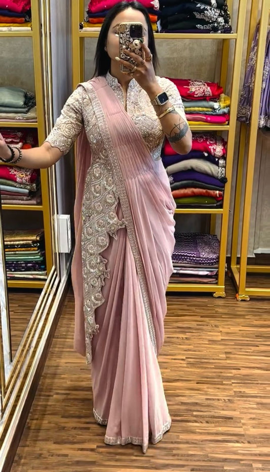 Glossy Embroidery Work Peach Color Ready To Wear Saree