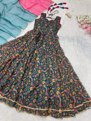 Lovely Teal Blue Organza Digital Printed Gown
