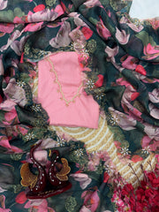 Floral Print Teal Green Color Silk Saree