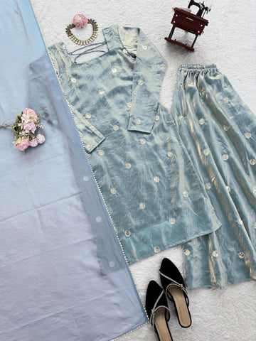 Daisy Sky Blue Silk With Sequence Work Palazzo Suit