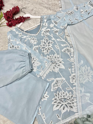 Ravishing Sky Blue Georgette Embroidery Palazzo Suit