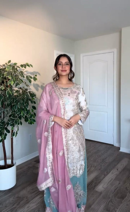 Stunning Georgette White Color Palazzo Suit