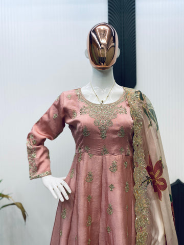 Alluring Pink Chinon Sequence Work Palazzo Suit